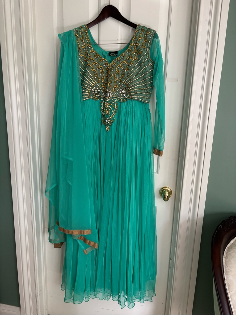 Embellished Teal Anarkali Dress with long  Dupatta and pants size Medium